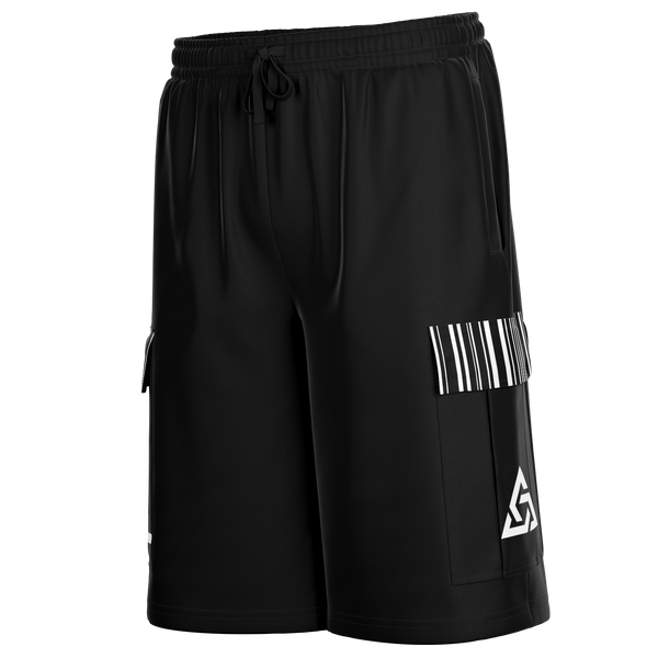 Black shorts with a barcode design on a white background
