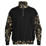 Black sweatshirt with camouflage sleeves and collar on a white background