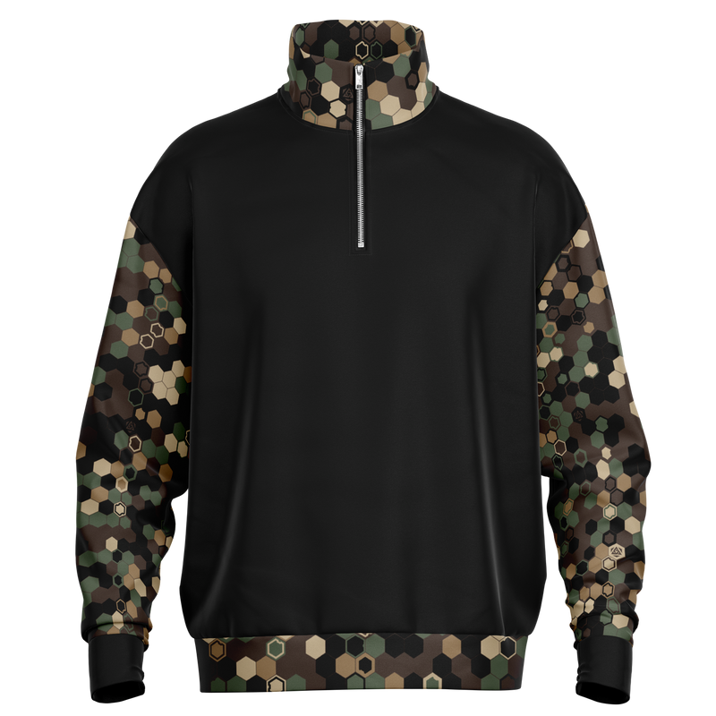 Black sweatshirt with camouflage sleeves and collar on a white background