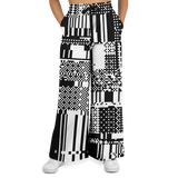 Wide-leg pants with a black and white pattern on a white background
