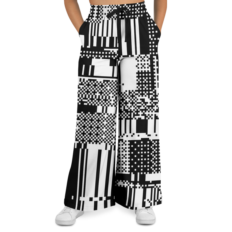 Wide-leg pants with a black and white pattern on a white background