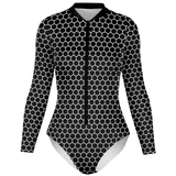 Black and white hexagonal patterned swimsuit on a white background