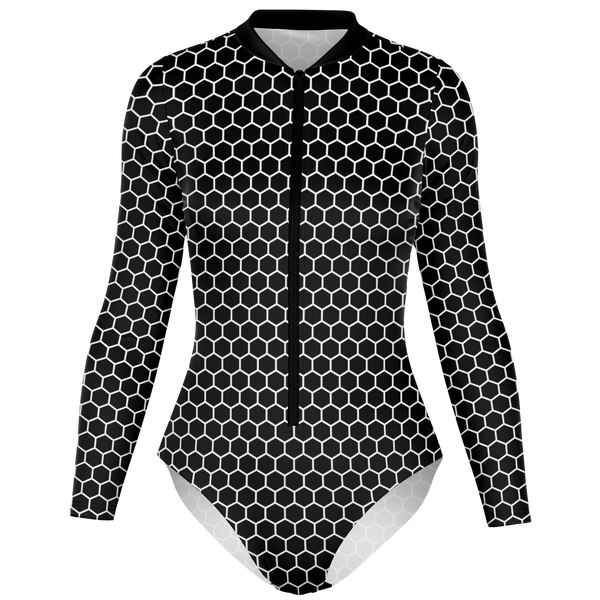 Black and white hexagonal patterned swimsuit on a white background