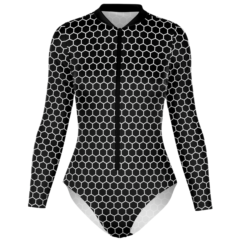 Black and white hexagonal patterned swimsuit on a white background