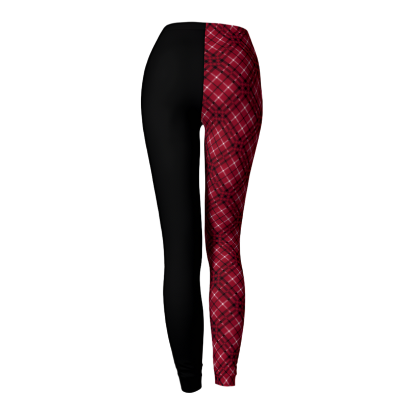 Black and red plaid leggings on a light gray background