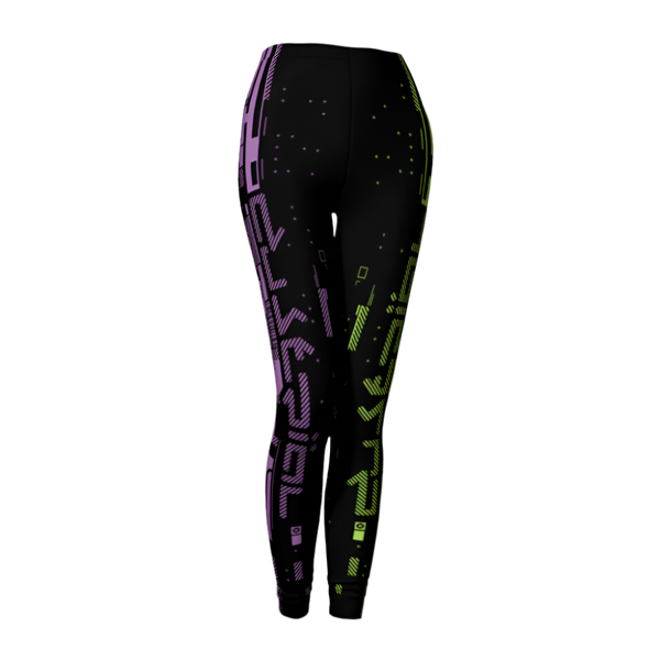 Black leggings with purple and green geometric pattern on a light gray background