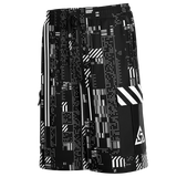 Black shorts with white geometric pattern on a white background