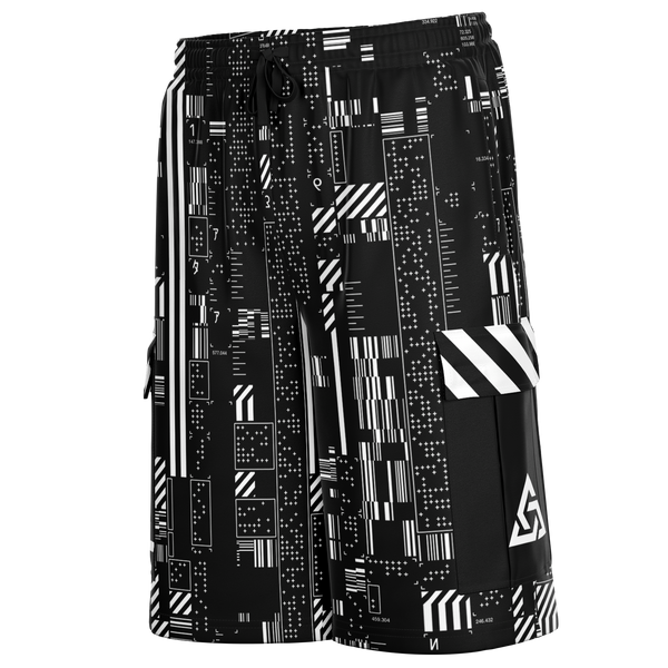 Black shorts with white geometric pattern on a white background