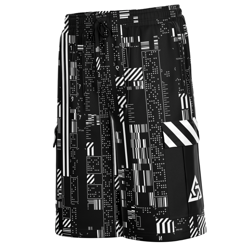 Black shorts with white geometric pattern on a white background