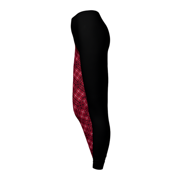 Black leggings with red plaid pattern on a light gray background