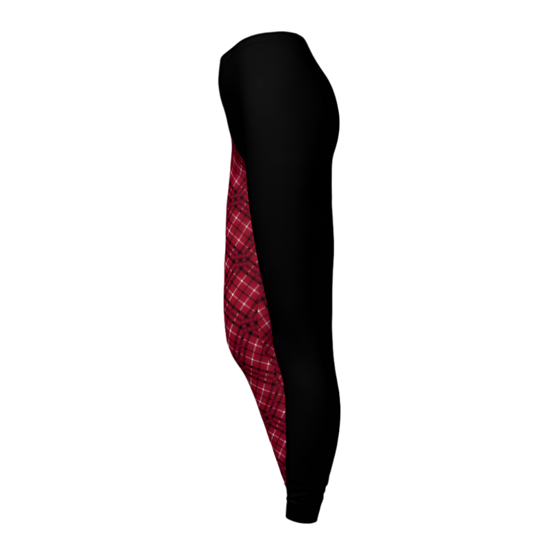 Black leggings with red plaid pattern on a light gray background
