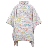 A hooded poncho-style top with a light lavender base and an all-over abstract wavy line pattern in pastel pink, yellow, blue, and green, shown on a plain white background.