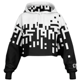 White and black geometric patterned hoodie on a white background