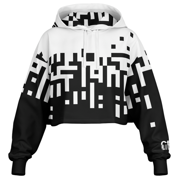 White and black geometric patterned hoodie on a white background