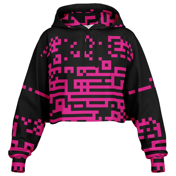 Black hoodie with pink geometric pattern on a white background