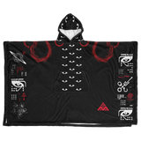 Black hooded poncho with white and red designs on a white background