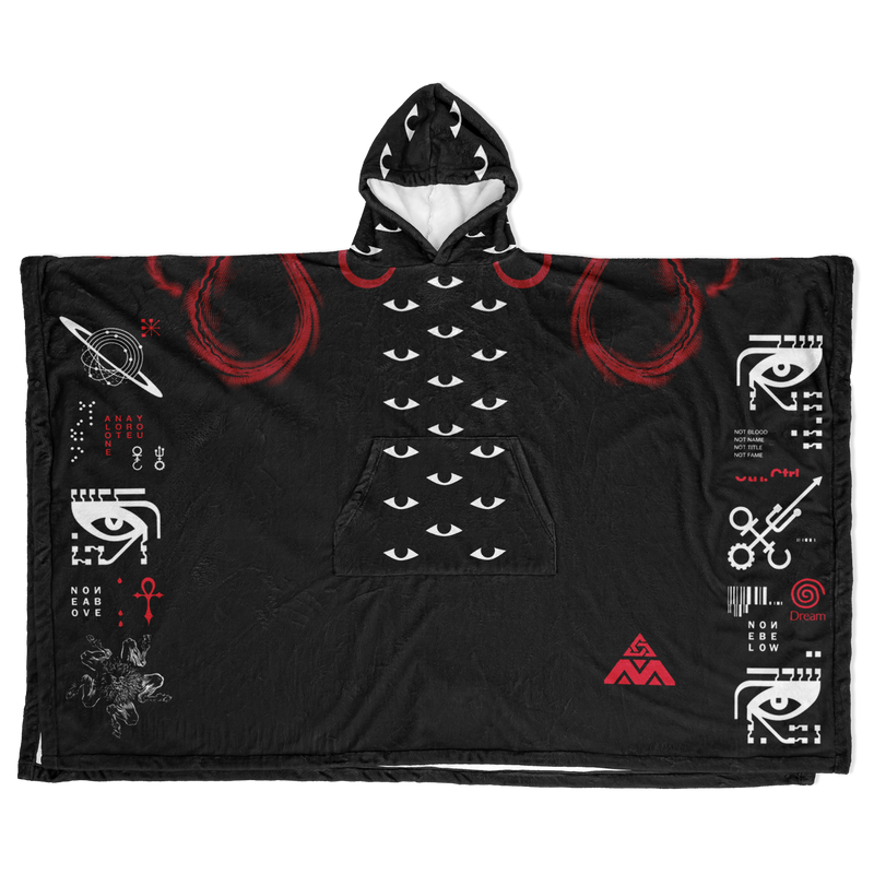 Black hooded poncho with white and red designs on a white background