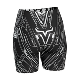 Black athletic shorts with geometric pattern on a light gray background