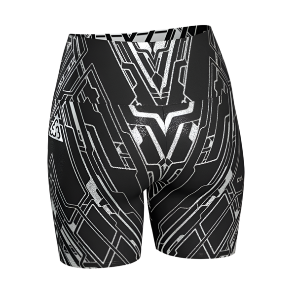 Black athletic shorts with geometric pattern on a light gray background