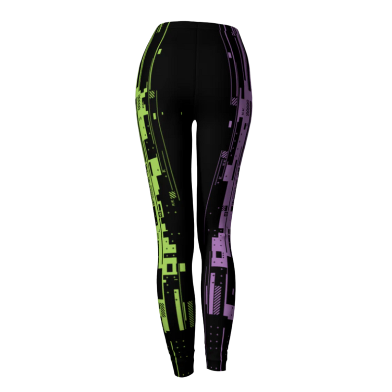 Black leggings with green and purple geometric pattern on a light gray background