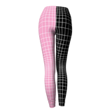 Pink and black grid-patterned leggings on a light gray background