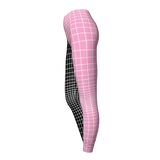 Pink leggings with black grid pattern on a light gray background