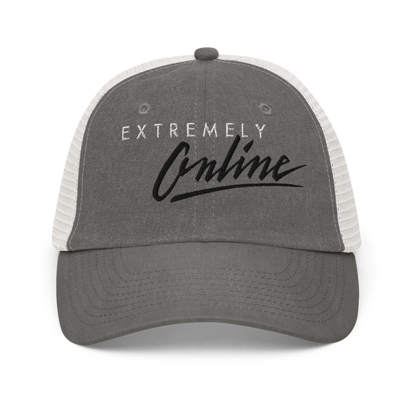 EXTREMELY ONLINE PIGMENT DYED TRUCKER HAT-PIGTWILL TRUCKER HAT-__label:NEW, cyber crime, cybercrime, cyberpunk, hacker, PIGTWILL TRUCKER HAT-Dustrial